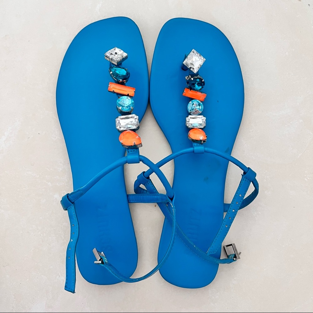 NIB Schutz Sandalia Salto Rasteiro Jeweled T-Strap Sandals in Cyan Size 7.5